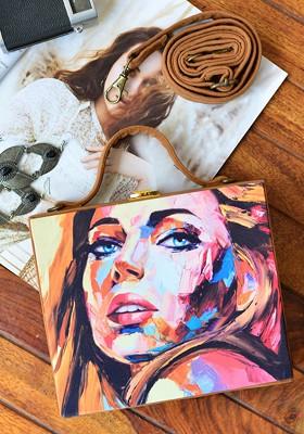 Pink Fabric Pink And Navy Blue Printed Box Clutch