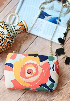 Peach Fabric Peach Coloured And Yellow Printed Box Clutch