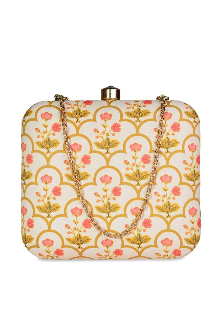 Cream Fabric Women Cream Colored And Pink Floral Printed Box Clutch - Indya