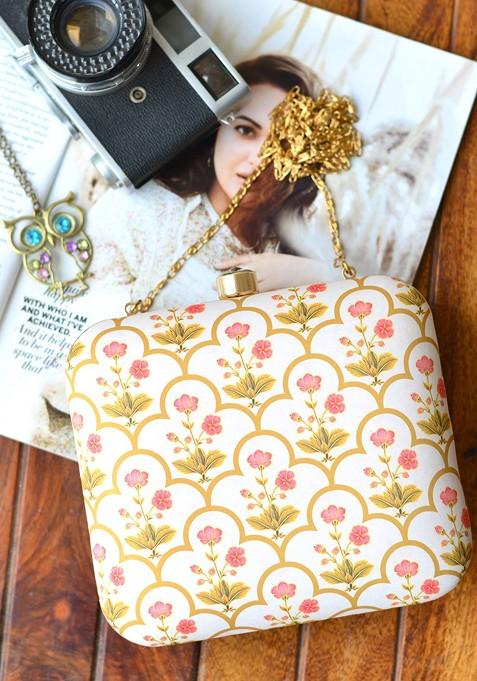 Cream Fabric Women Cream Colored And Pink Floral Printed Box Clutch