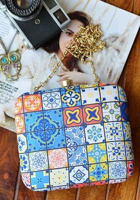 Blue Fabric Blue And Orange Printed Box Clutch
