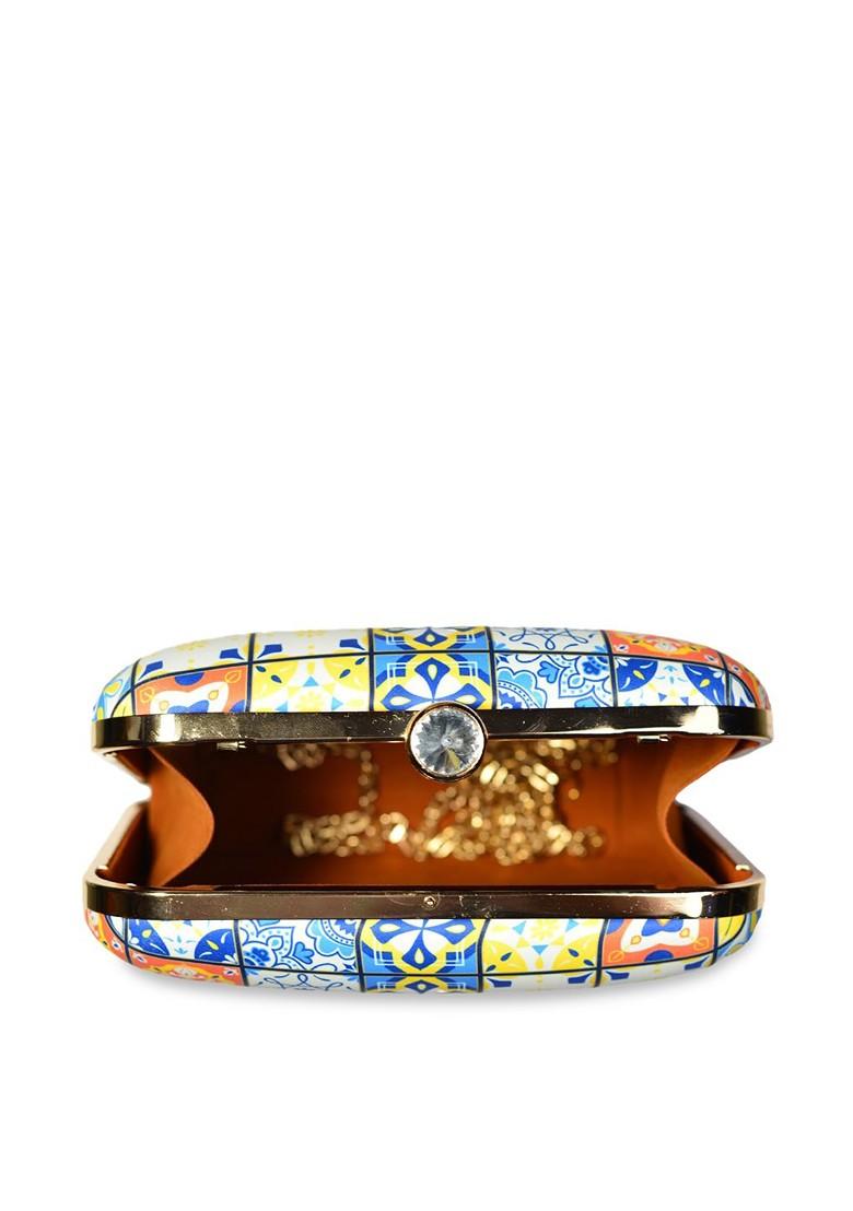 Blue Fabric Blue And Orange Printed Box Clutch - Indya