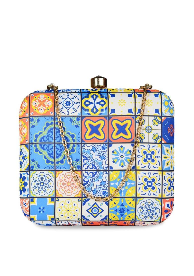 Blue Fabric Blue And Orange Printed Box Clutch - Indya