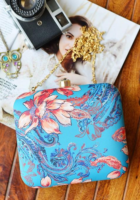 Blue Fabric Women Blue And Orange Printed Box Clutch