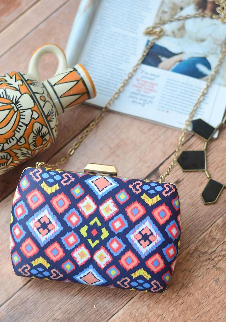 Blue Fabric Blue And Pink Printed Buckle Detail Box Clutch - Indya