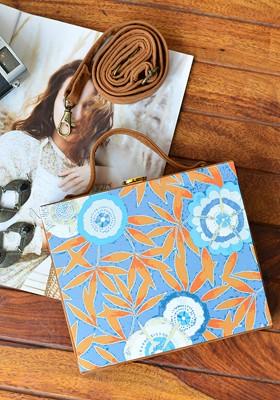 Blue Fabric Blue And Orange Printed Box Clutch