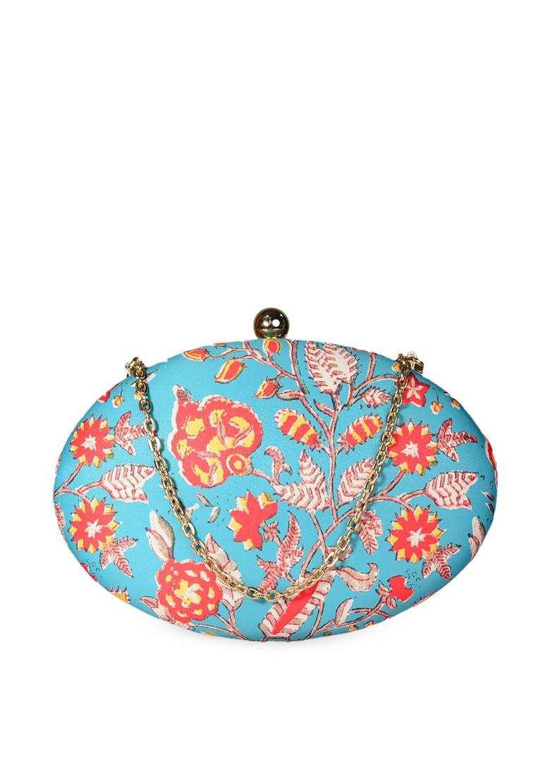 Blue Fabric Blue And Red Printed Box Clutch - Indya