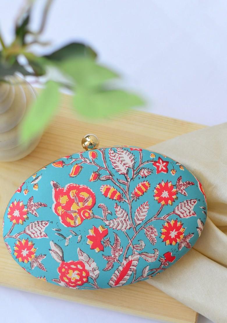 Blue Fabric Blue And Red Printed Box Clutch - Indya