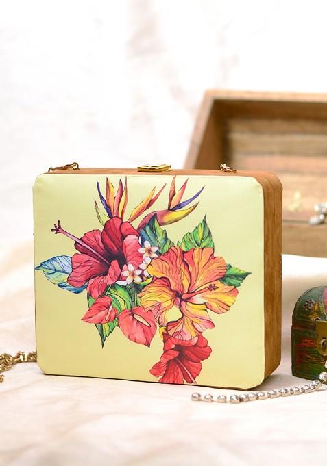 Lime Green Fabric Lime Green And Blue Printed Box Clutch