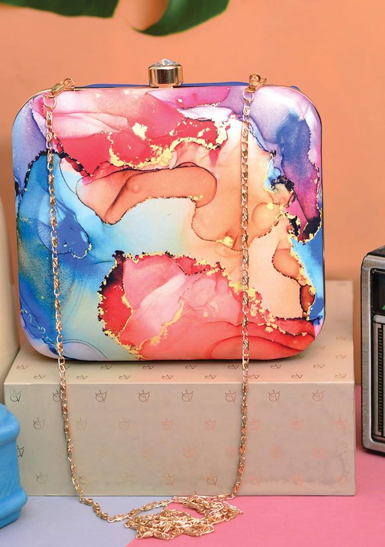 Blue Fabric Blue And Pink Printed Box Clutch - Indya