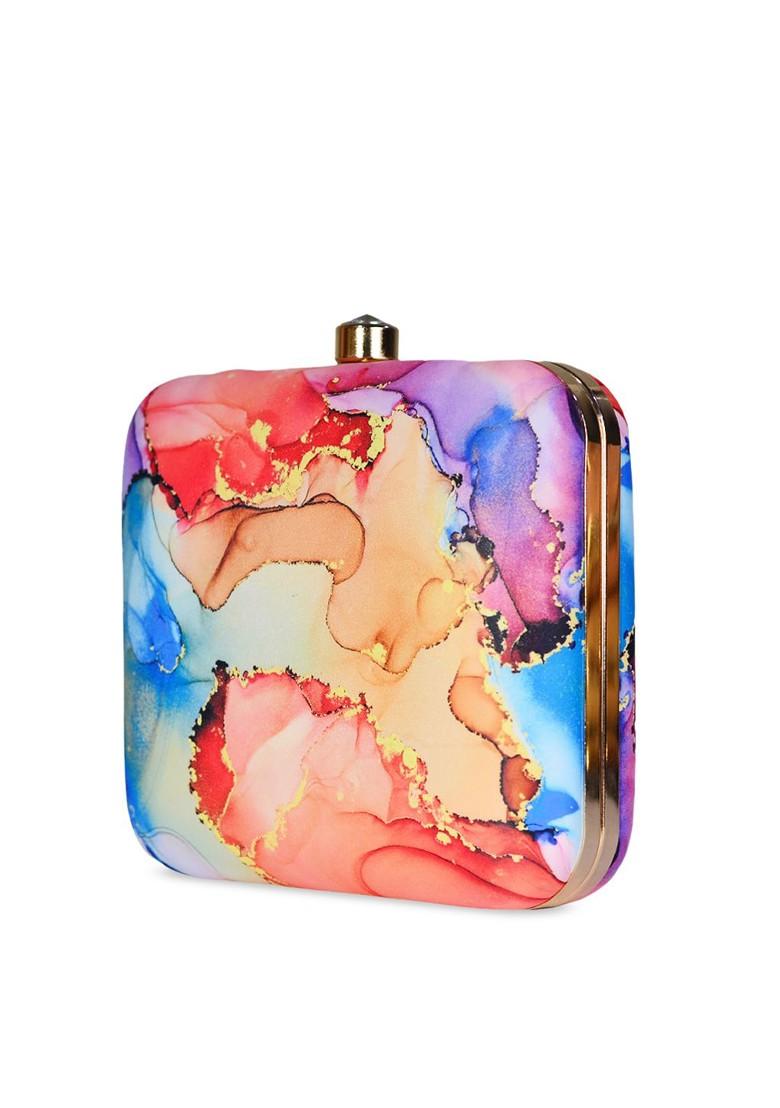 Blue Fabric Blue And Pink Printed Box Clutch - Indya