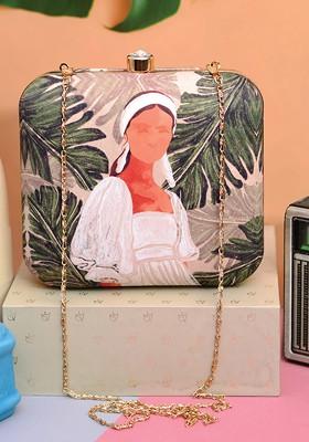 Green Fabric Green And Pink Printed Box Clutch