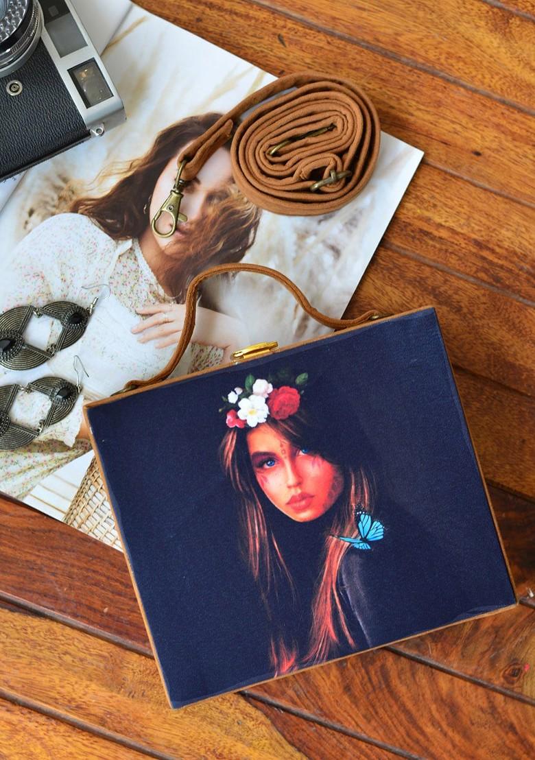 Black Fabric Black And Pink Printed Box Clutch - Indya