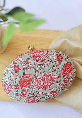 Blue Fabric Women Blue And Red Printed Box Clutch