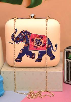Beige Fabric Beige And Blue Printed Box Clutch