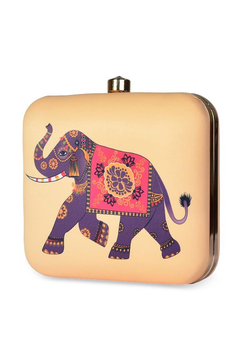 Beige Fabric Beige And Blue Printed Box Clutch - Indya