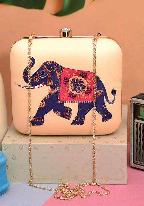 Beige Fabric Beige And Blue Printed Box Clutch