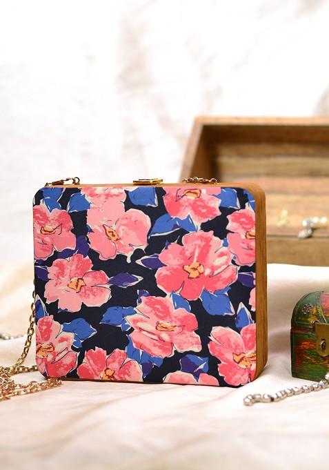 Pink Fabric Pink And Blue Printed Box Clutch