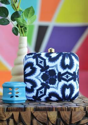 Blue Fabric Blue And White Printed Dyed Box Clutch