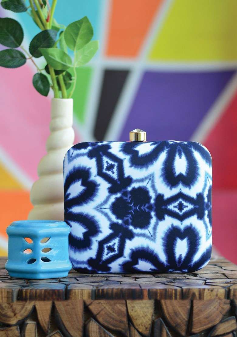 Blue Fabric Blue And White Printed Dyed Box Clutch - Indya