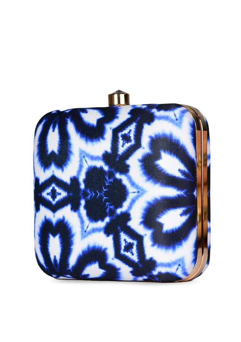 Blue Fabric Blue And White Printed Dyed Box Clutch - Indya