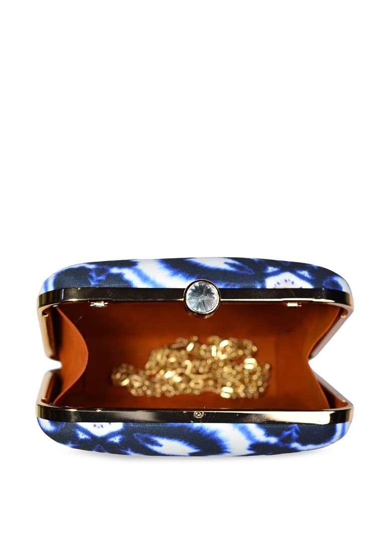 Blue Fabric Blue And White Printed Dyed Box Clutch - Indya
