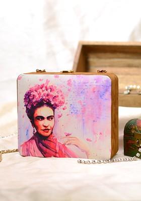 Purple Fabric Purple And Pink Printed Box Clutch