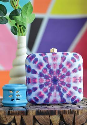 Purple Fabric Purple And Pink Printed Box Clutch