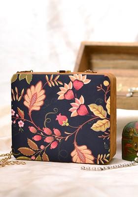 Black Fabric Black And Brown Printed Box Clutch