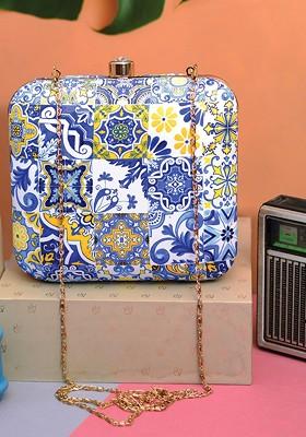 Blue Fabric Blue And White Printed Box Clutch