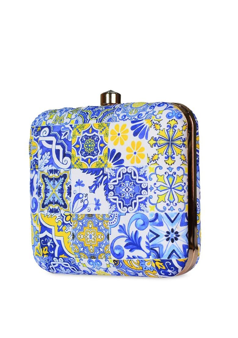 Blue Fabric Blue And White Printed Box Clutch - Indya