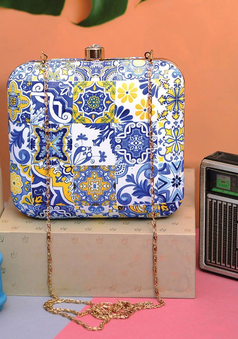 Blue Fabric Blue And White Printed Box Clutch - Indya