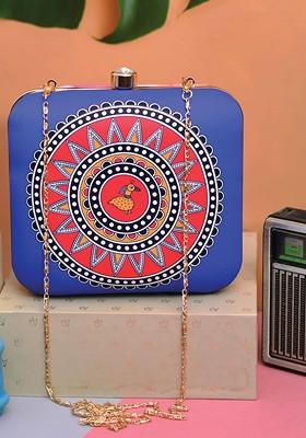 Blue Fabric Blue And Red Printed Box Clutch