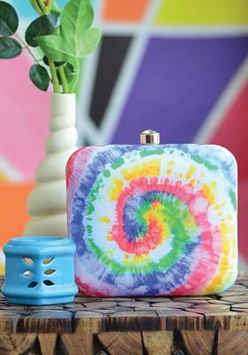 Pink Fabric Pink And Blue Rainbow Printed Box Clutch