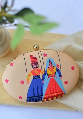 Beige Fabric Women Beige And Blue Printed Box Clutch