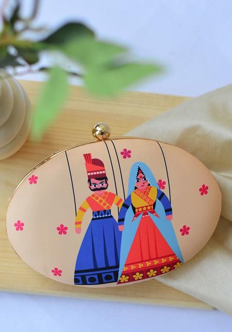 Beige Fabric Women Beige And Blue Printed Box Clutch