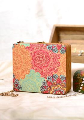 Multi Fabric Women Multicolored Printed Box Clutch