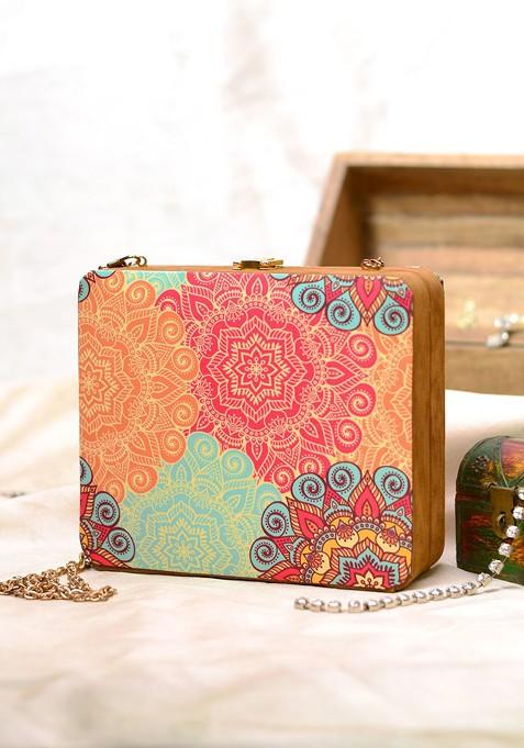 Multi Fabric Women Multicolored Printed Box Clutch
