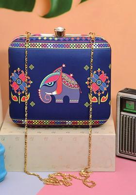 Blue Fabric Women Blue And Coral Printed Box Clutch