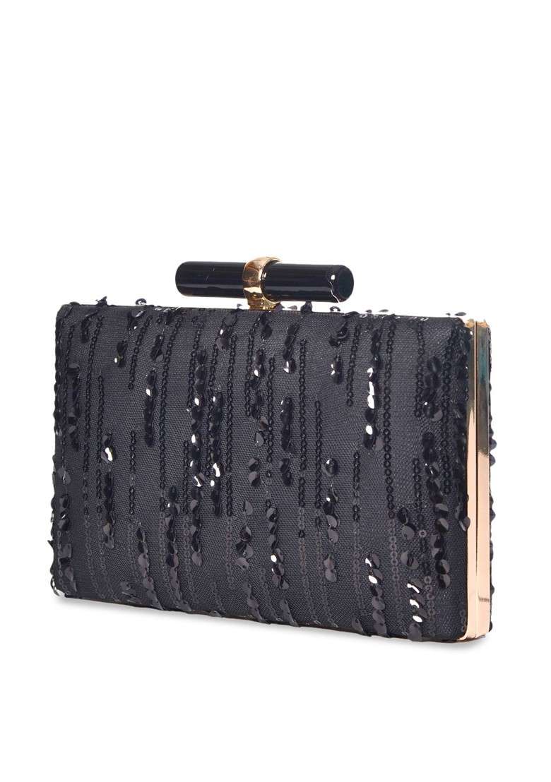 Black Satin Black Embroidered Embellished Box Clutch - Indya