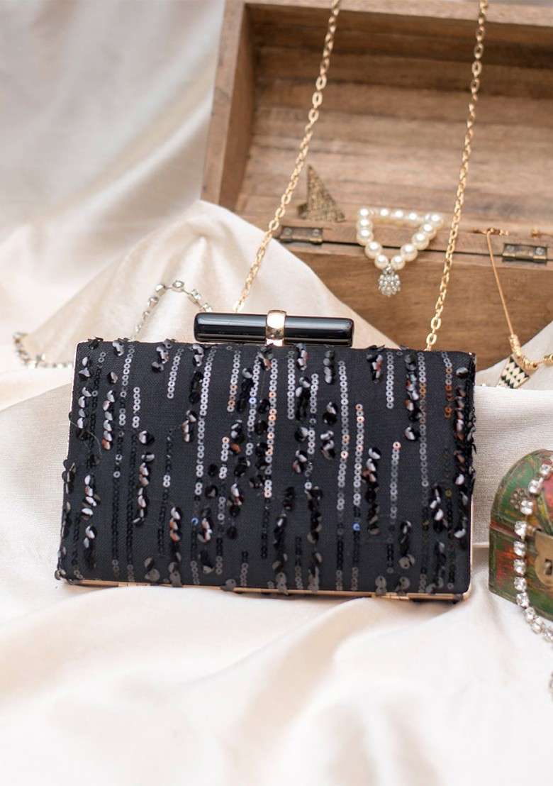 Black Satin Black Embroidered Embellished Box Clutch - Indya