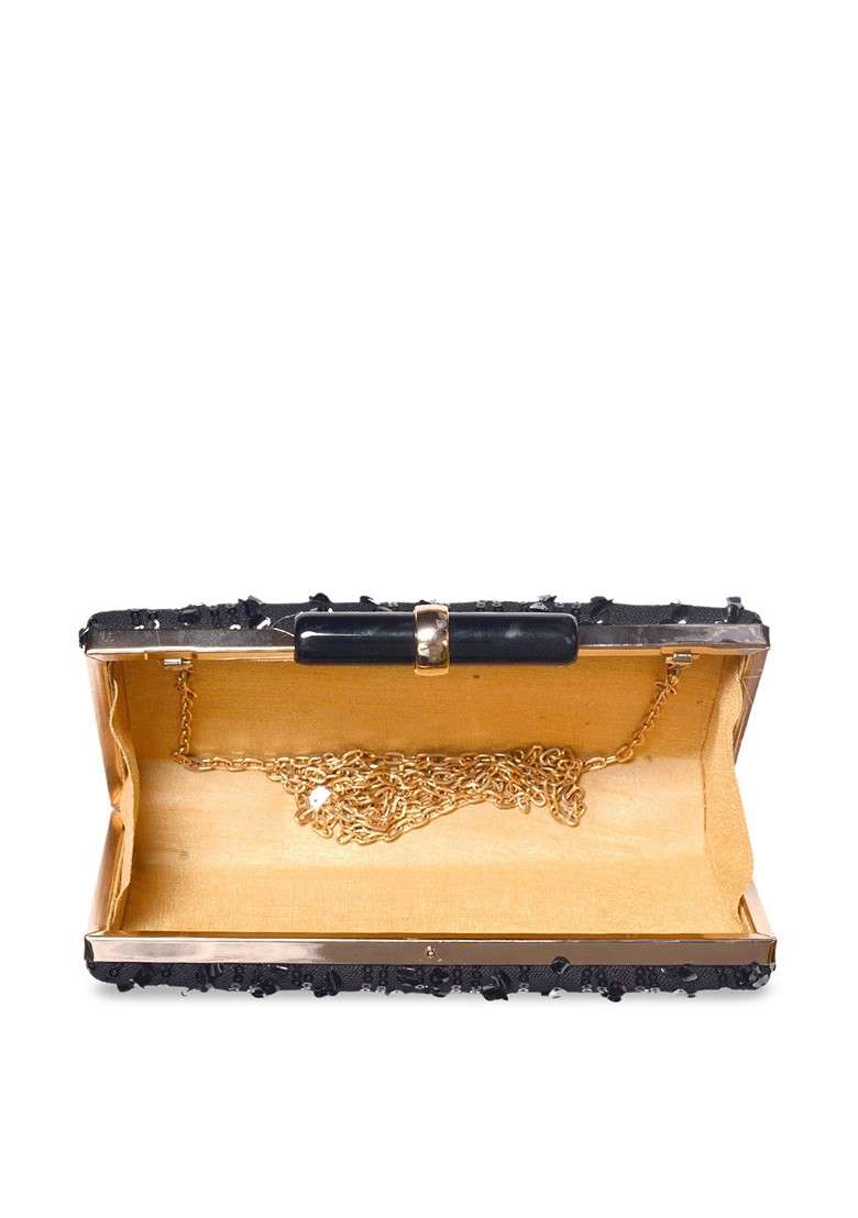 Black Satin Black Embroidered Embellished Box Clutch - Indya