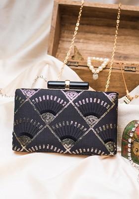 Black Satin Black And Gold Toned Embellished Box Clutch