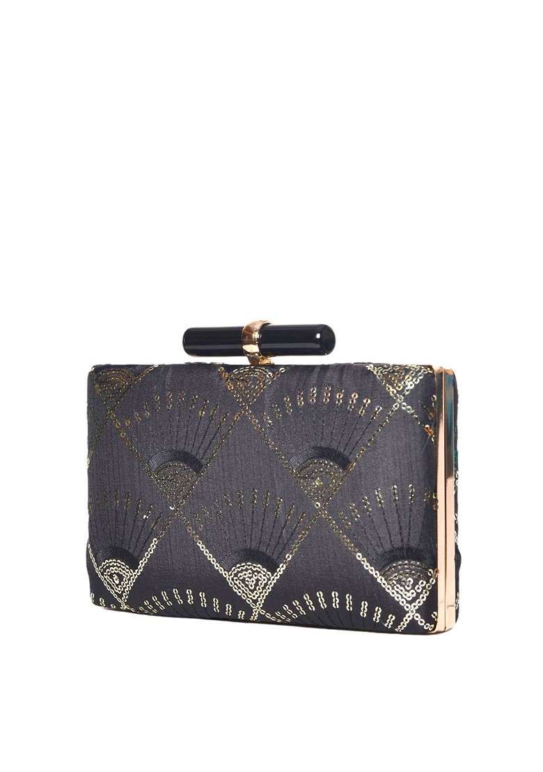 Black Satin Black And Gold Toned Embellished Box Clutch - Indya