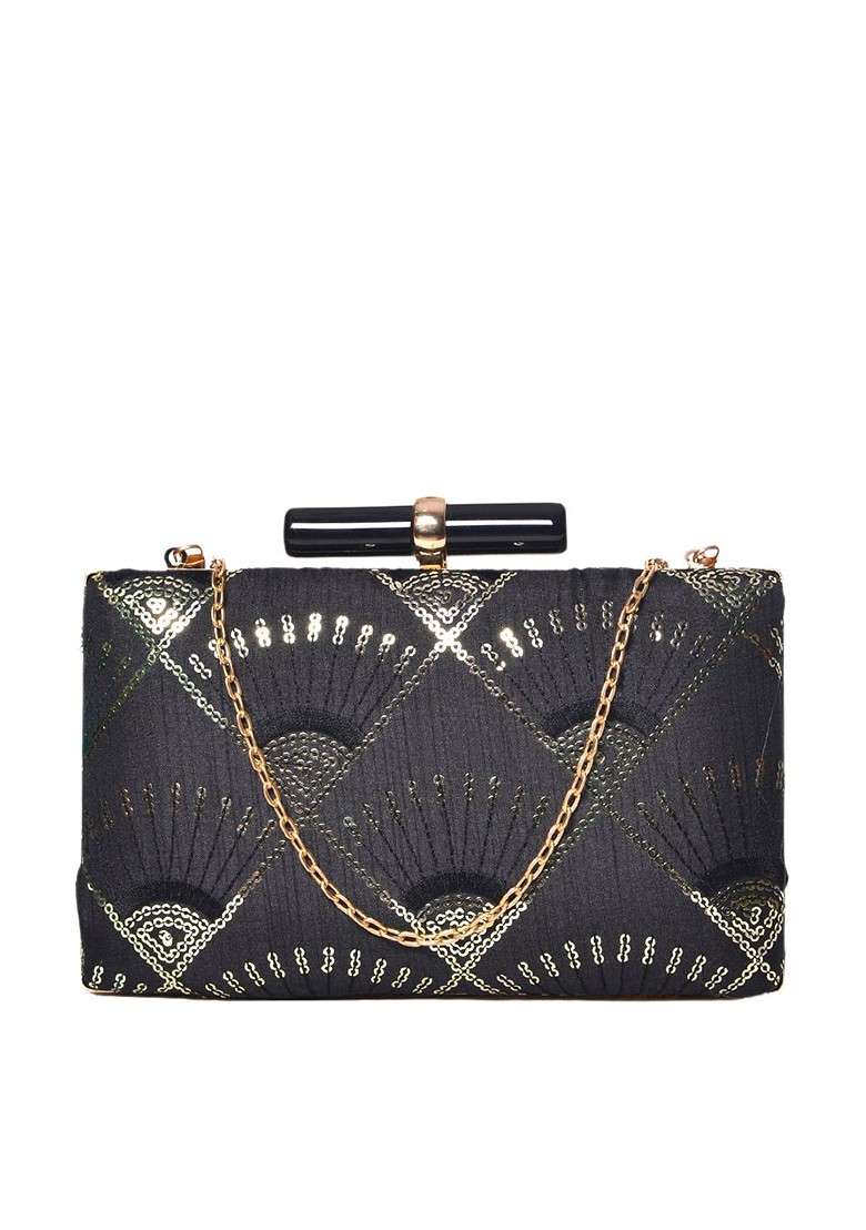 Black Satin Black And Gold Toned Embellished Box Clutch - Indya