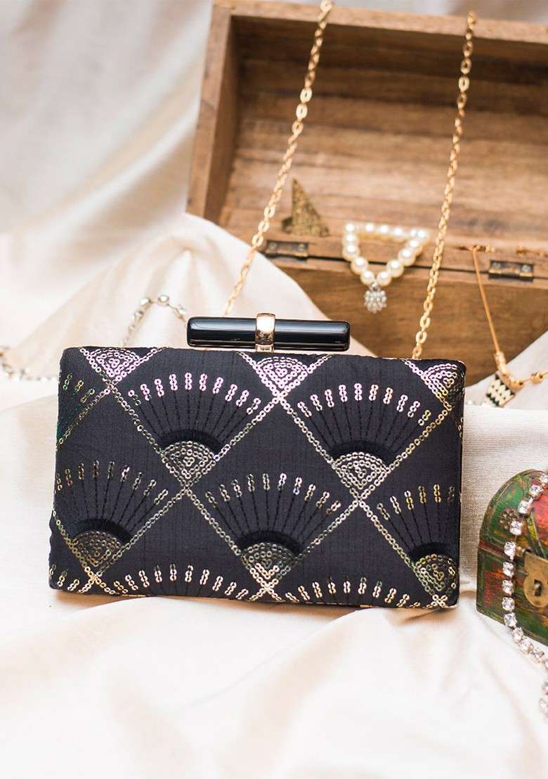 Black Satin Black And Gold Toned Embellished Box Clutch - Indya
