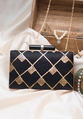 Black Satin Black And Gold Toned Sequins Embellished Box Clutch