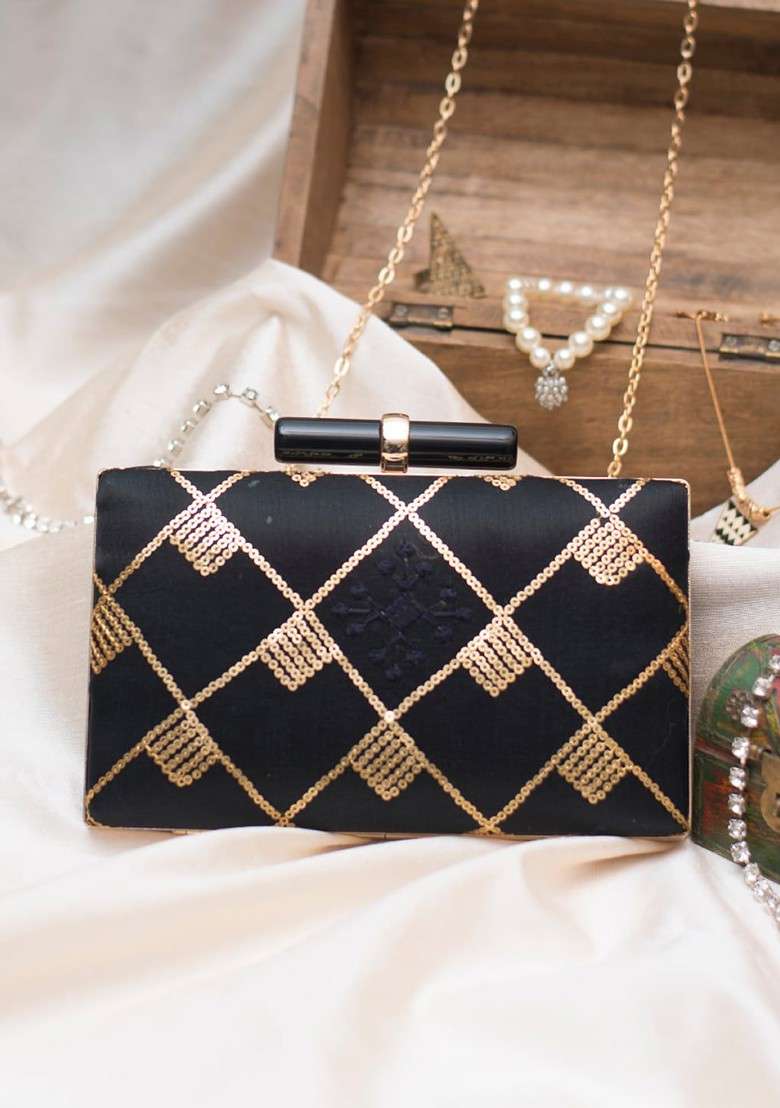 Black Satin Black And Gold Toned Sequins Embellished Box Clutch - Indya