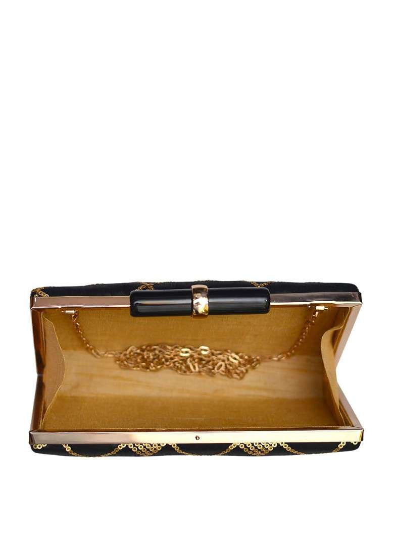 Black Satin Black And Gold Toned Sequins Embellished Box Clutch - Indya