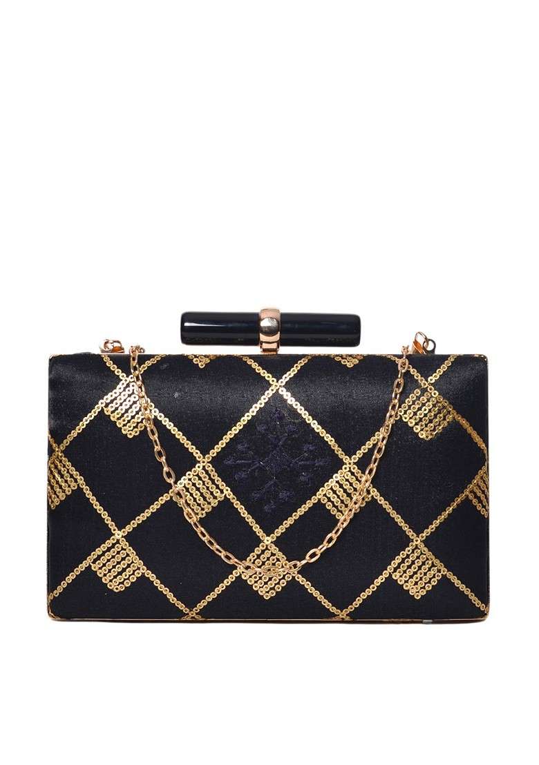 Black Satin Black And Gold Toned Sequins Embellished Box Clutch - Indya